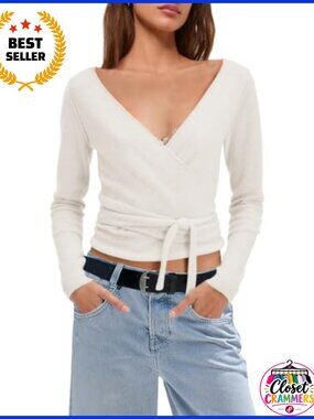 Panadila Womens Reversible Tie Front Wrap Top Long Sleeve Cropped Cardigan